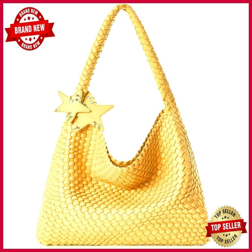 Vegan Leather Woven Tote Bag with Clutch, Shoulder Strap, Magnetic Closure